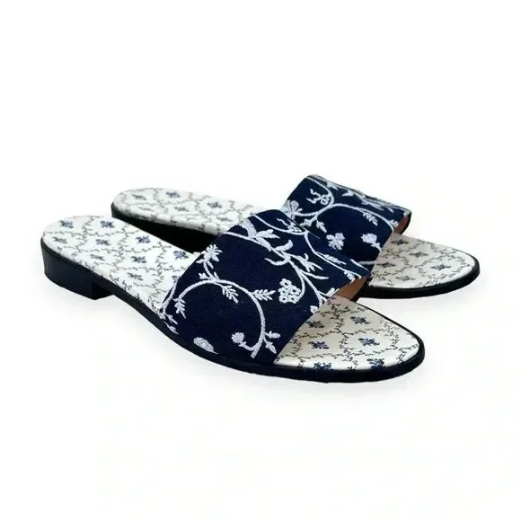 Hill House The City Slide in Navy Embroidery - Blue Floral Mule Sandals sz 41 - Picture 2 of 10